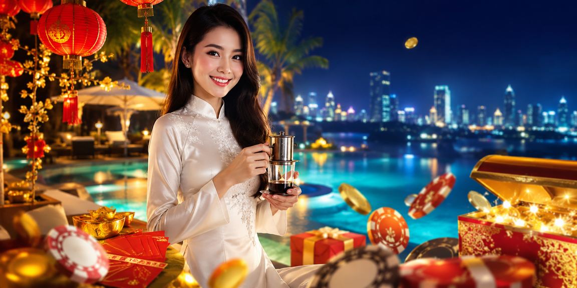 Người phụ nữ mặc áo dài tại Mũi Né cầm phong bì đỏ tượng trưng cho ưu đãi và game may mắn trực tuyến